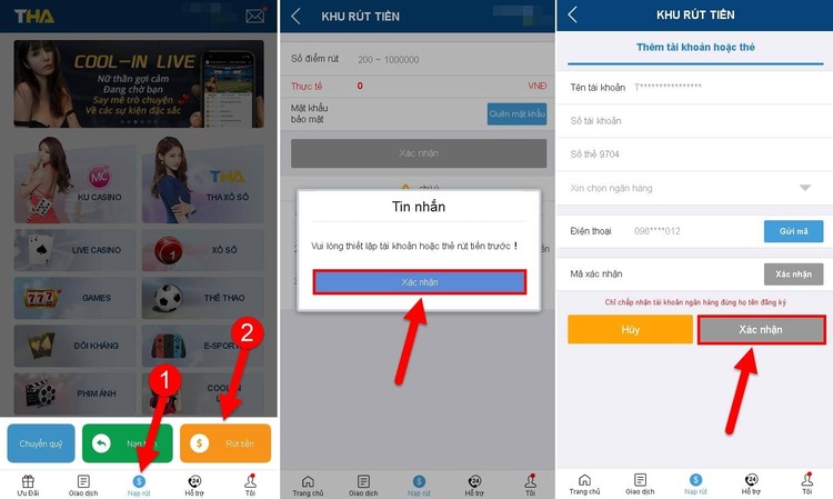 Các thao tác rút tiền Thabet trên Mobile