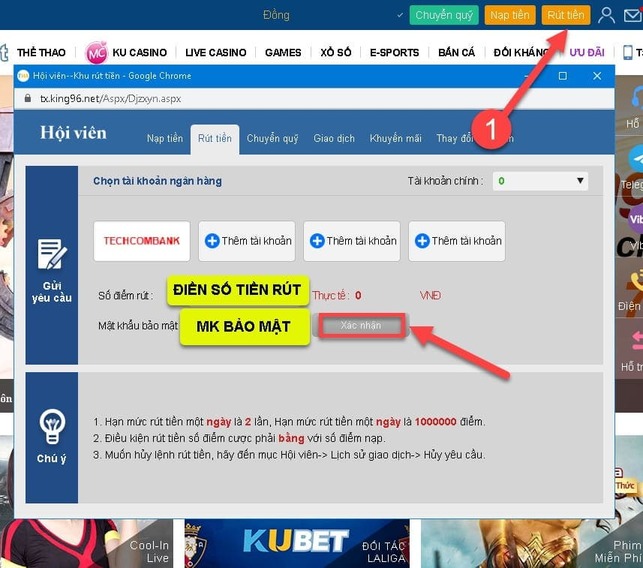 Các thao tác rút tiền Thabet trên PC 