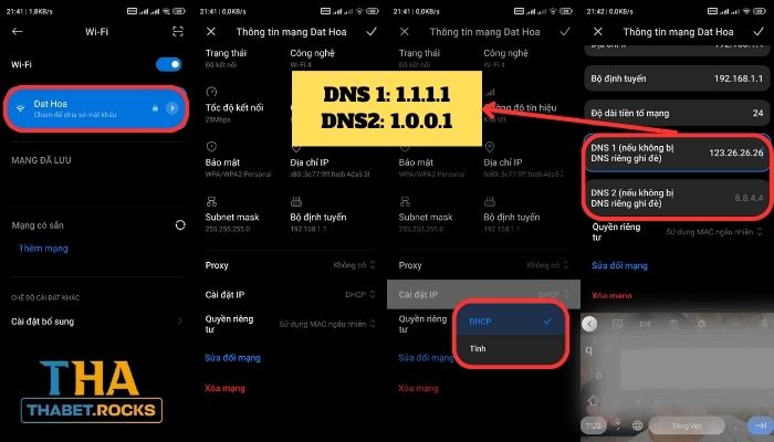 Đổi DNS 1.1.1.1 trên thiết bị Android để truy cập link vào Thabet không bị chặn