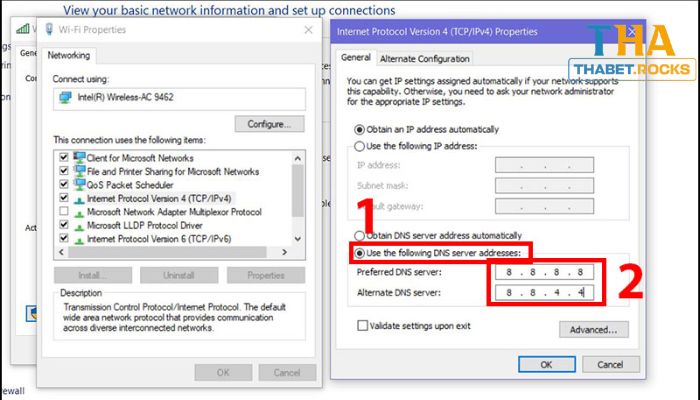 Truy cập link vào Thabet không bị chặn bằng cách đổi DNS 1.1.1.1 trên PC